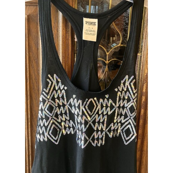 PINK Victoria's Secret Black Racer Back Tank Size S Geometric EUC Silver Sequin - Picture 2 of 8
